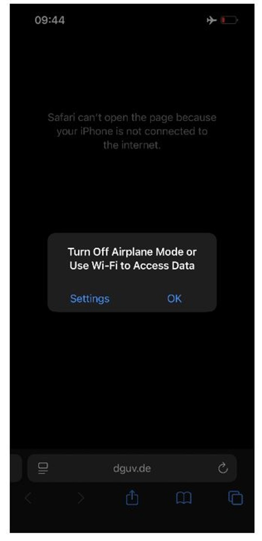 Screenshot of an iPhone displaying the message 'Turn Off Airplane Mode or Use Wi-Fi to Access Data'. Below that are the options 'Settings' and 'OK'