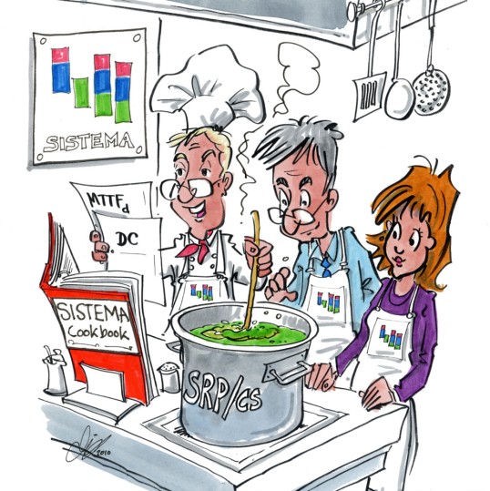 Cover image: cartoon with three cooks cooking according to the SISTEMA cookbook