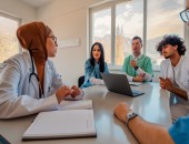 Mehrere Personen besprechen etwas in einer Gesundheitseinrichtung.