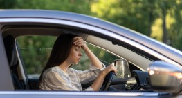 Eine junge Frau sitzt im Auto, sie wirkt erschöpft und greift an die Stirn.