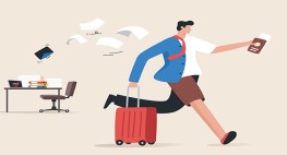Cartoon von einer Person, die mit Koffer und Reisepass wegrennt, im Hintergrund steht ein Schreibtisch.