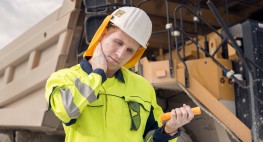 Foto: Ein Bauarbeiter mit Helm und Nackenschutz trägt Sonnencreme auf sein Gesicht auf.