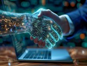 Bild einer KI-Hand, die einer normalen Hand die Hand reicht, im Hintergrund steht ein Laptop.