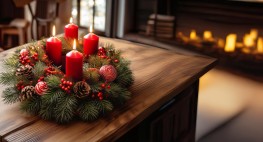 Bild eines Adventskranzes auf einem Holztisch.