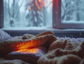 Bild von einer Heizdecke, im Hintergrund eine Fensterscheibe mit einem verschneiten Garten.