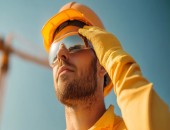 Person in orangefarbener PSA.