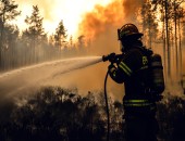 Feuerwehrmann löscht einen Waldbrand