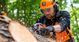 Person mit orangenem Helm und Schutzkleidung, die Person sägt mit einer Kettensäge an einem Baumstamm.