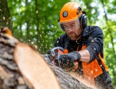 Person mit orangenem Helm und Schutzkleidung, die Person sägt mit einer Kettensäge an einem Baumstamm.