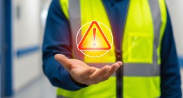 Bild einer gelben Warnjacke und einer Hand, über der ein rotes Dreieck mit einem Ausrufezeichen schwebt.