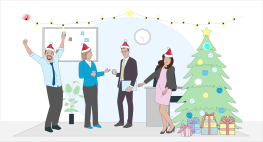 Cartoon mit Personen, die unter einer Girlande und vor einem Weihnachtsbaum stehen. Die Personen tragen Weihnachtsmützen.