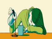 Eine Frau, die abgeschlagen ist, verschüttet Kaffee.