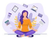 Grafik einer Frau beim Meditieren mit Arbeitsmaterialien um sie herum schwebend