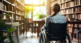 Person in einem Rollstuhl, rechts und links sind Bücherregale.