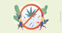 Grafik mit zwei Personen, die aufeinander zugehen, in der Mitte ein roter Kreis mit diagonalem Strich, darunter eine große Spritze, ein Cannabisblatt, eine Zigarette und Tabletten.
