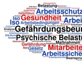 Bild von ganz vielen verschiedenen Begriffen: Gefährdungsbeurteilung, psychische Belastung und viele weitere.