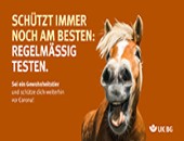 Bild des Plakatmotives mit einem Pferd mit der Aufschrift: Schützt immer: am besten regelmäßig testen.