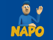 Bild von Napo auf blauem Hintergrund mit gelber Schrift 