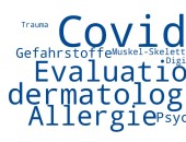 Auf weißem Hintergrund stehen in blauer Farbe: Trauma, Covid , Homeoffice, Gefahrstoffe, Muskel-Skelett-Erkrankungen, Digitalisierung, Evaluation, Lunge, dermatologisch, Allergie, Psychosozial.