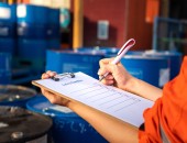 Eine Person füllt eine Checkliste aus, während im Hintergrund Tonnen mit Gefahrstoffen zu sehen sind.