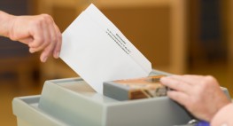 Bild einer Wahlurne, in die von einer Hand ein Wahlzettel gesteckt wird.