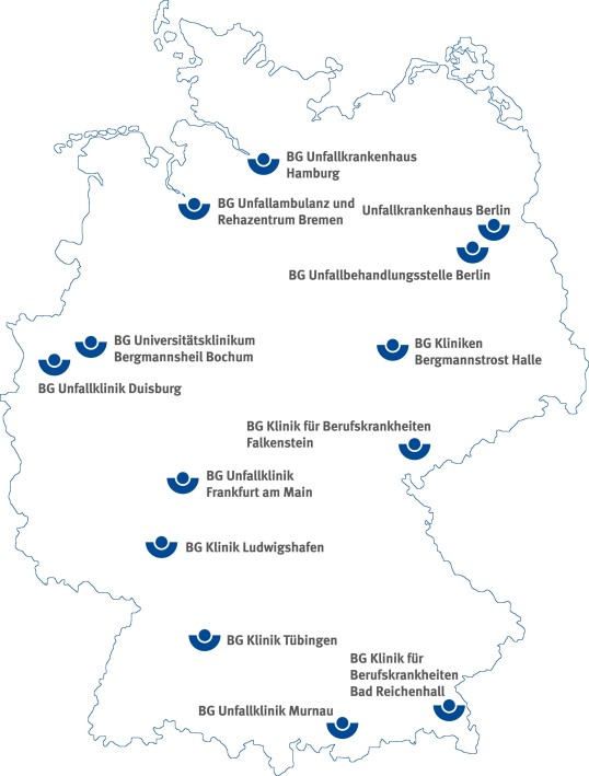 Map of germany with locations of the BG-hospitals
