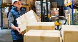 Ein Mann hebt ein Paket von einem Stapel.