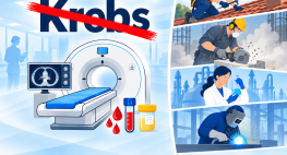 Bildcollage aus verschiedenen Berufen und dem Schriftzug Früherkennung, das Wort Krebs darunter ist durchgestrichen. Weiter sind auf dem Bild ein CT-Gerät sowie Blut- und Urinproben zu sehen