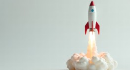 Bild einer aufsteigenden Rakete im Zeichentrick-Stil.