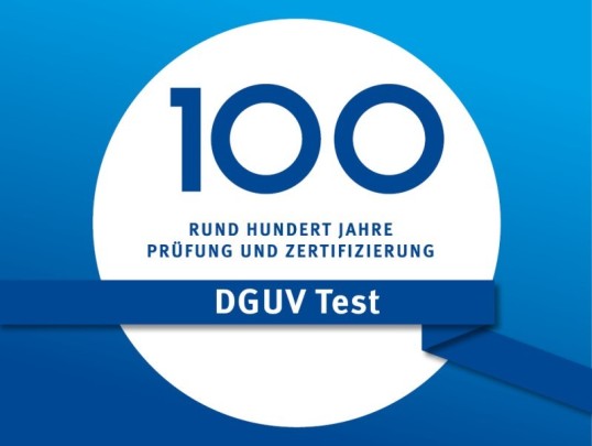 Blau-weiße Grafik. Auf der steht: 100 – rund hundert Jahre Prüfung und Zertifizierung – DGUV Test