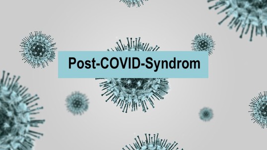 Grafik mit Virussymbolen und Schriftzug Post-COVID-Programm.