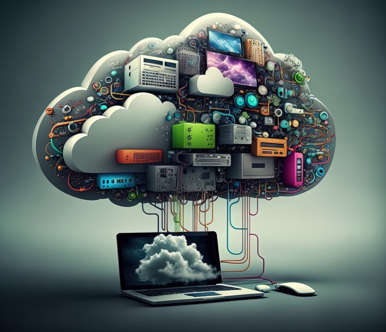 Eine Cloudwolke ist mit Kabeln verbunden an einen Laptop. Eine Cloudwolke ist mit Kabeln verbunden an einen Laptop.