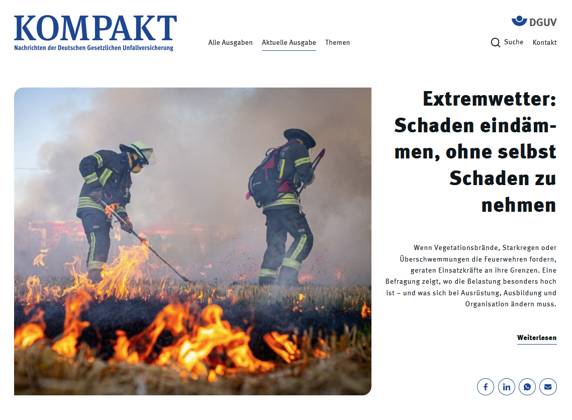Titelbild DGUV Kompakt 5/2026; Extremwetter: Schaden eindämmen, ohne selbst Schaden zu nehmen