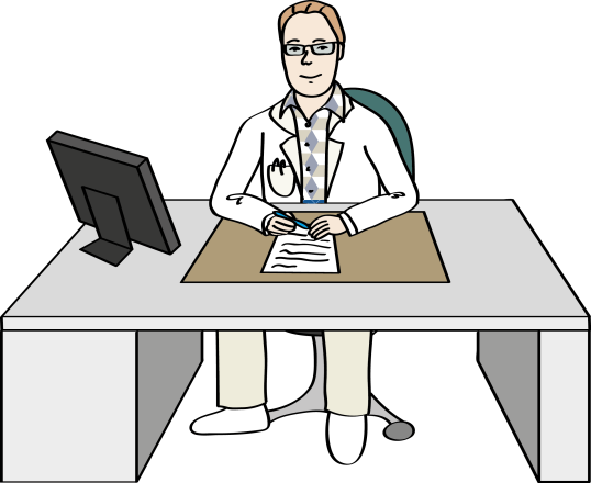 ein Arzt sitzt an einem Schreibtisch