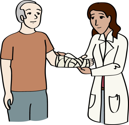 eine Ärztin behandelt eine Verletzung am Arm bei einem Mann